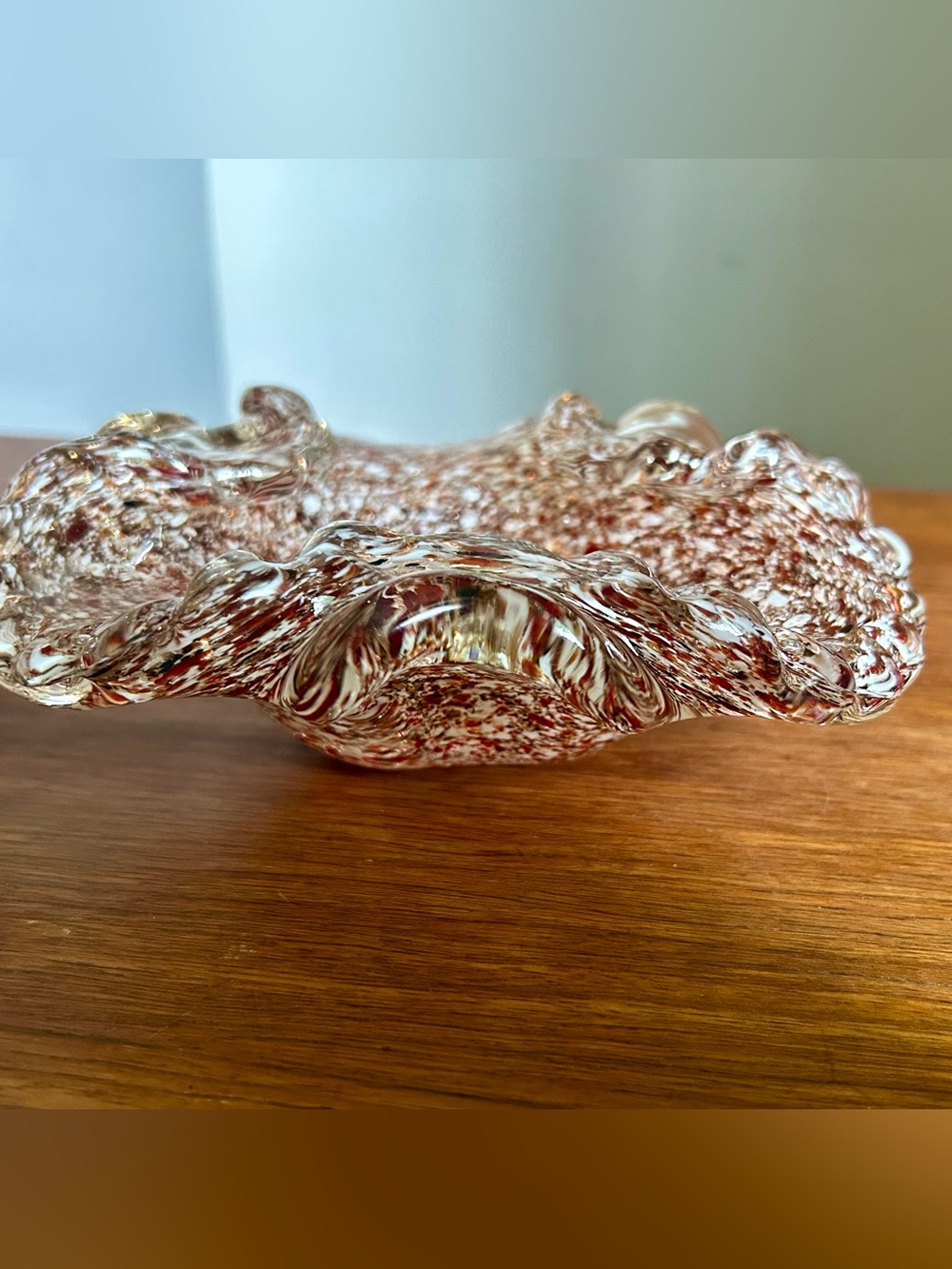 Vintage Art Glass Ruffled Bowl Confetti Aventurine 6” Hand Blown